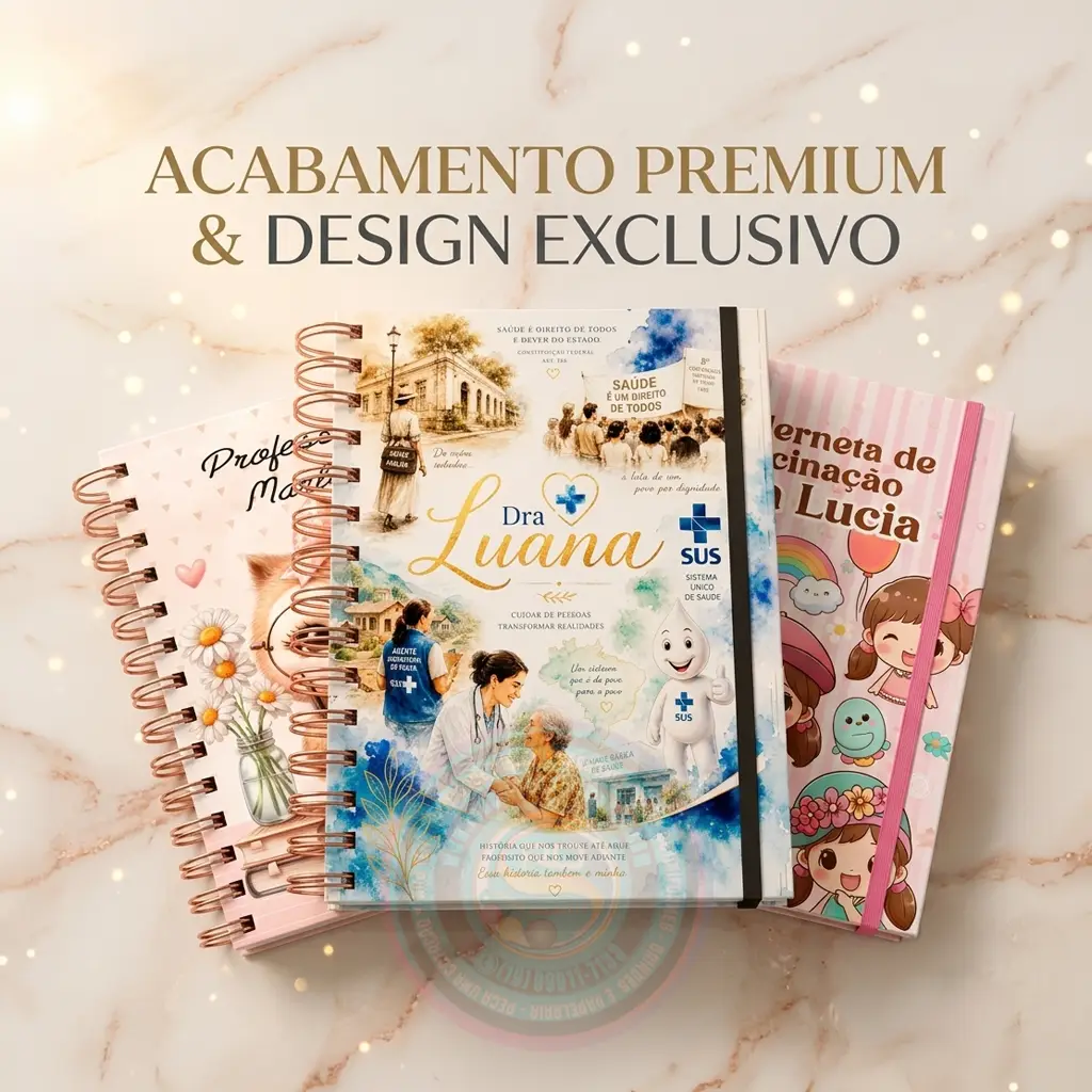 Detalhe do acabamento premium em agenda personalizada