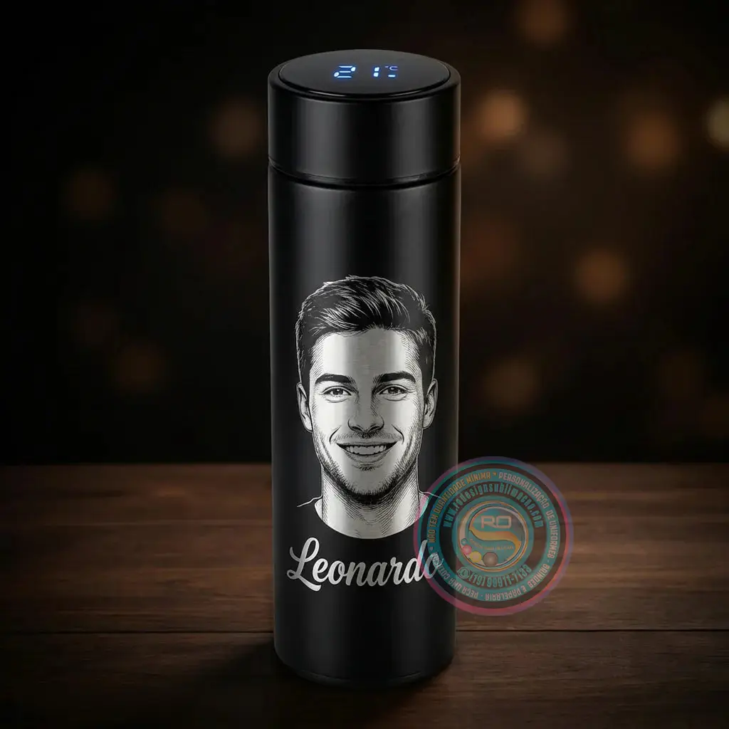 Garrafa térmica personalizada com gravação a laser de logo empresarial
