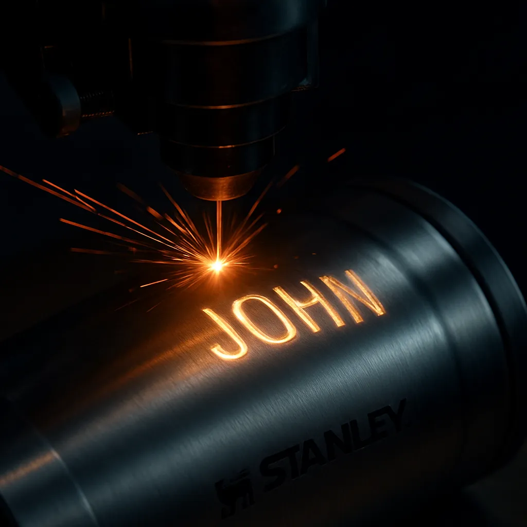 Detalhe da gravação a laser em copo térmico Stanley
