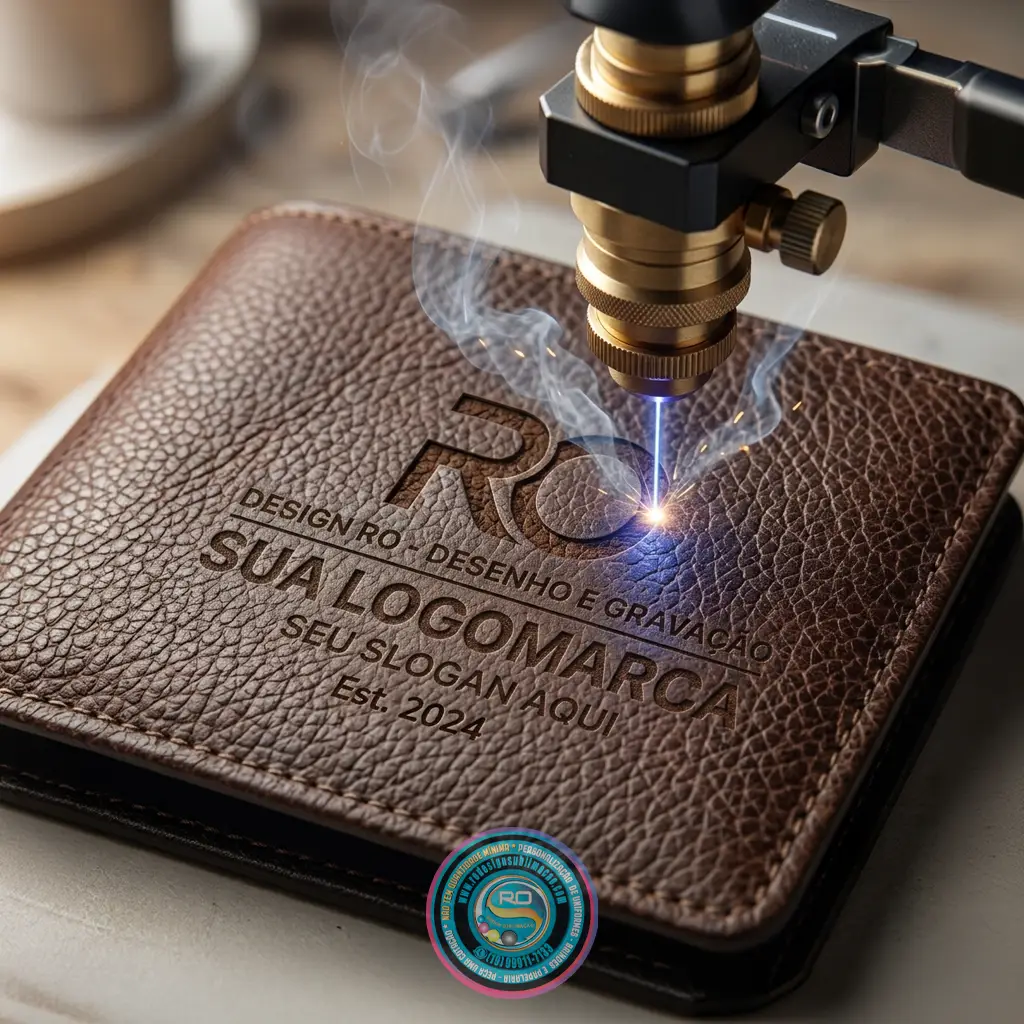 Detalhe de gravação a laser em etiqueta de couro sintético