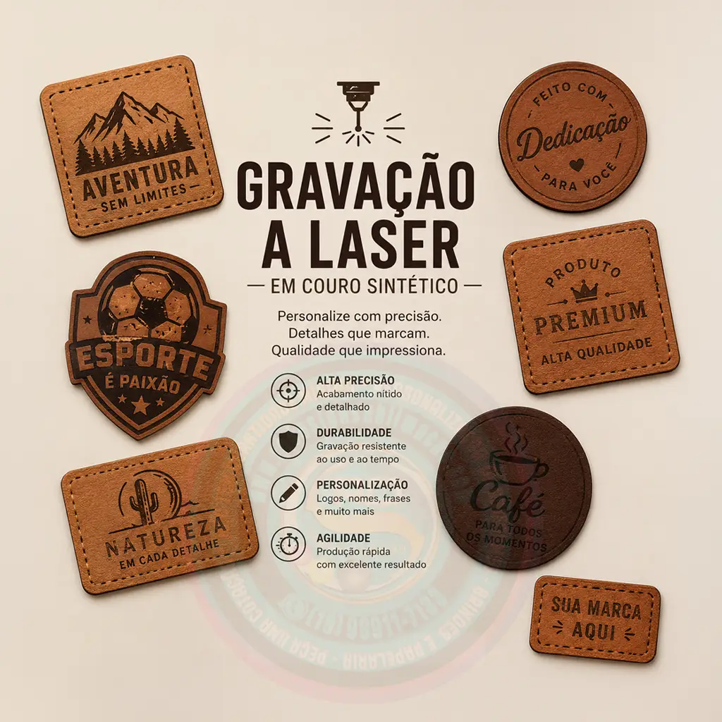 Etiquetas de couro sintético personalizadas com gravação a laser