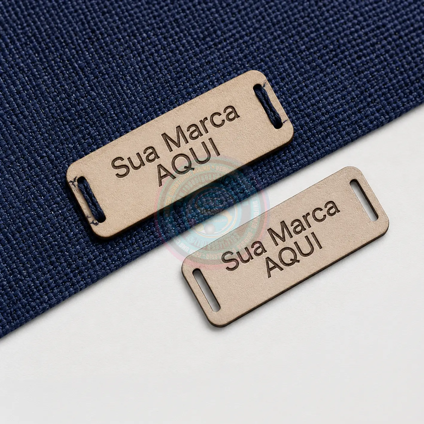 Etiqueta de couro sintético Modelo CS-M01 — exemplo real