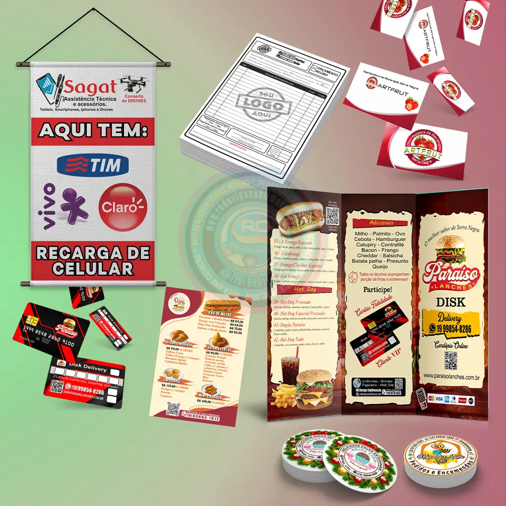 Materiais gráficos personalizados: cartões de visita, banners, adesivos e flyers da RO Design Sublimação