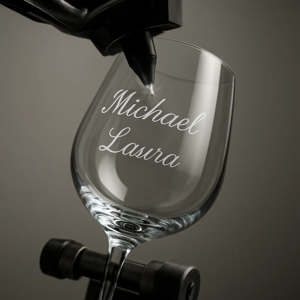 Máquina de gravação a laser personalizando taça de vidro